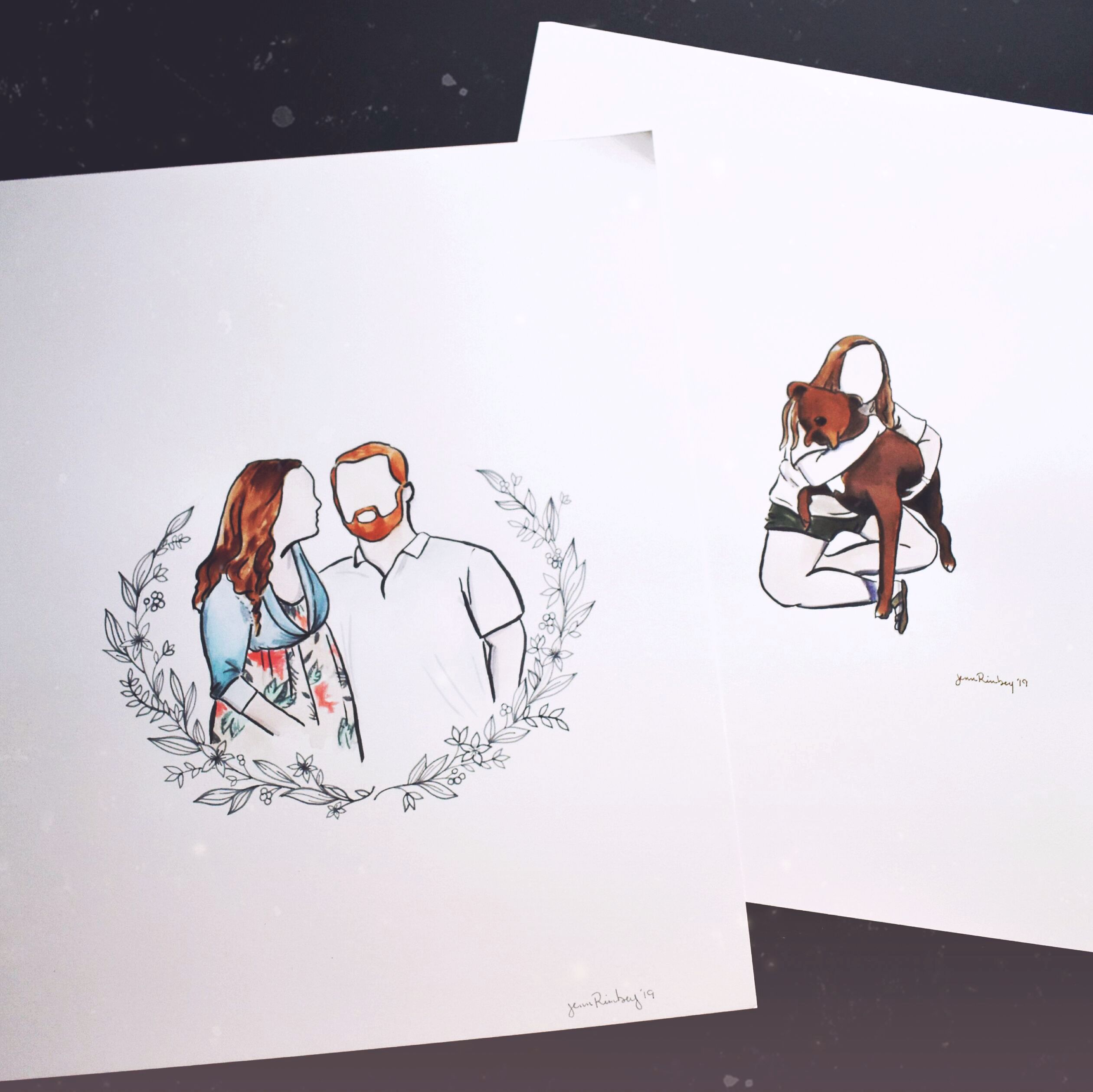 Couple portrait with floral flourish and Girl with dog portrait without flourish